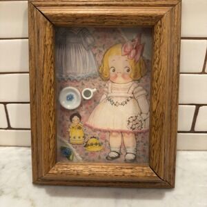 Vintage Framed Paper Doll Shadow‎ Box Art Girl Dress Teacup Decor 8x10